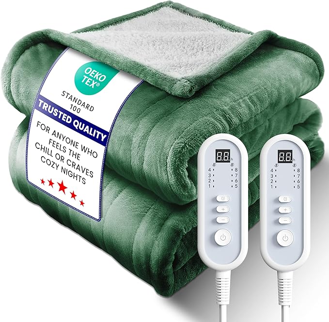 Electric Heated Blanket Queen, Ultra‑Cozy Premium Flannel & Sherpa, Even Heat Distribution & Stable Temp, 1–10H Auto‑Off, 8 Temps (86–125.6°F), Overheat Protection, Ideal Gifts for Grandma