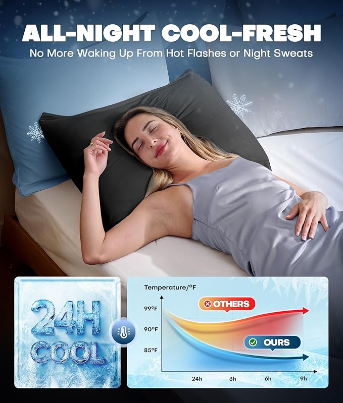 Ultra-Chill Cooling Pillowcase Set of 2 for Hot Sleepers, Softer Than Silk Pillow Cases for Protecting Hair & Skin, Breathable Bed Pillow Covers w/Zipper, Gifts for Women & Men (Black, King)