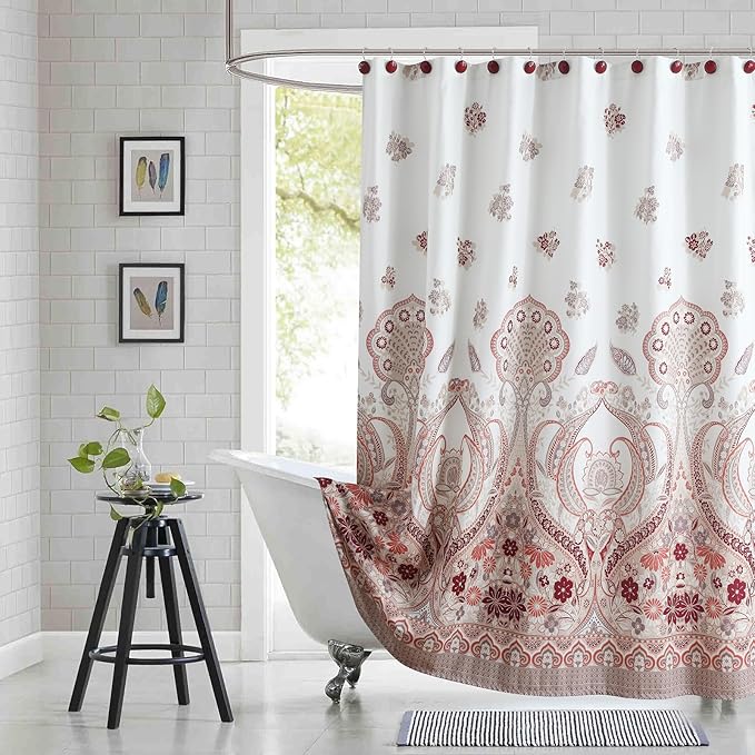 72x90 Inch Extra Long Shower Curtain - Water-Repellent Off-White Premium Fabric with Burgundy Terracotta Taupe Paisley Floral Pattern