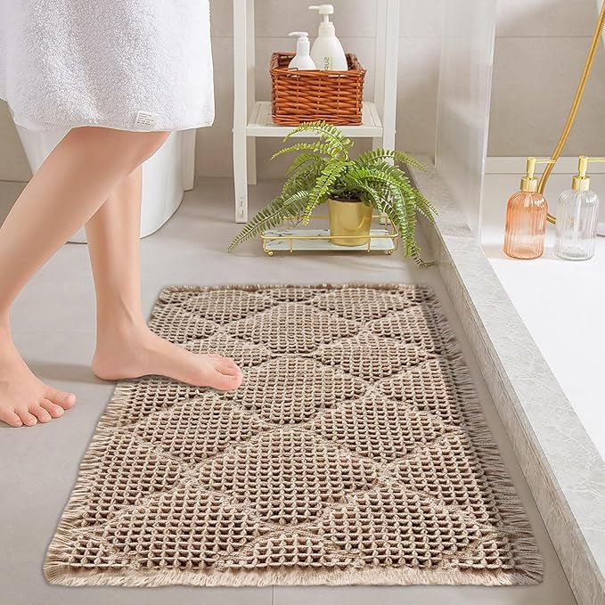 ZALL Tan Waffle Bath Mat,Super Absorbent Non Slip Bathroom Rug,Brown 18x30inch, Geometric Diamond Machine Washable Ultra Soft Floor Mats