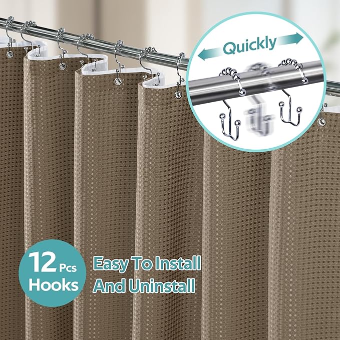3 in 1 Shower Curtain Set, Waffle Shower Curtain and Liner Set with 12 Double Sided Shower Curtain Hooks, 258GSM Luxury Weighted Cloth Shower Curtains for Bathroom, 72 W x 72 H, Beige