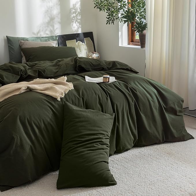 FOSSA Duvet Cover Set 100% Washed Cotton Linen Feel Super Soft Breathable Cozy Simple Style 3 Pieces Bedding Sets Solid Olive Green Super King Plus