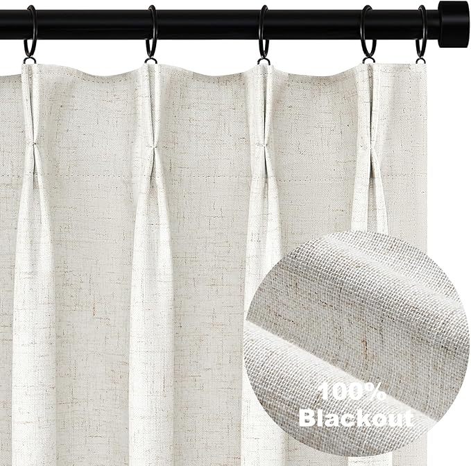 Topfinel 100% Blackout Linen Curtains 80 Inch Length,Pinch Pleated Oatmeal Back Tab Drapes with Hooks Room Darkening Heat Reducing Farmhouse Rustic Lined Draperies for Bedroom Baby Room 2 Panels Set