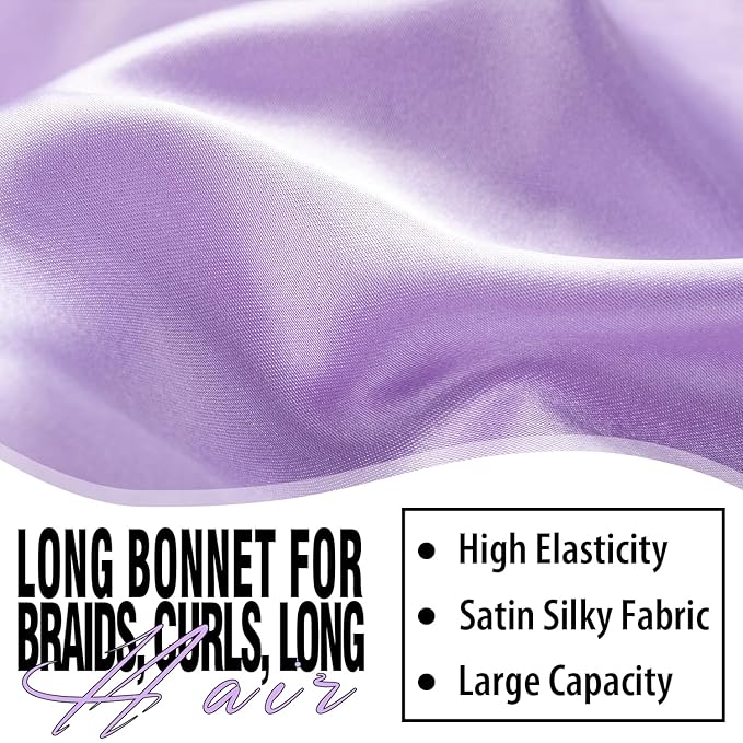 2Pcs Bonnets for Black Women Braid Bonnet, Large Long Satin Silk Bonnet for Braids,Black Women Braid Bonnet with Stretchy Tie Band for Sleeping Extra Long (Black&Light Purple Pattern