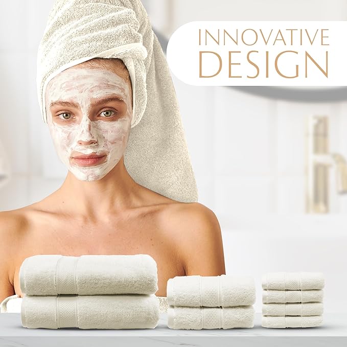 MAURA Ivory Bath Towel Set of 8 for Bathroom. Turkish Cotton Luxury Bath Towels. Extra Large, Thick, Plush & Soft. Hotel & Spa Quality - Cream