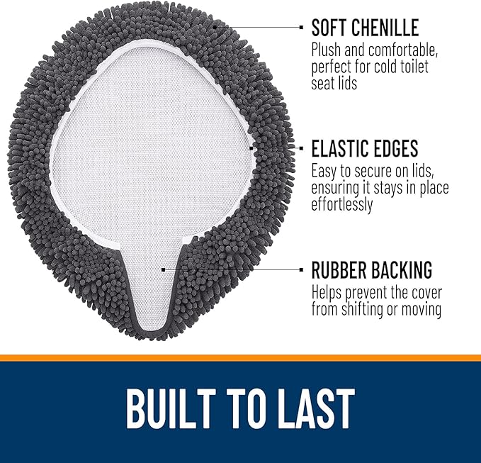 OLANLY Soft Chenille Bathroom Toilet Lid Cover, Machine Washable Seat Covers, 17.5x15, Stays in Place Rubber Backing, Fits Most Round, Elongated and Oblong Lids, Accessories Decor, Dark Gray