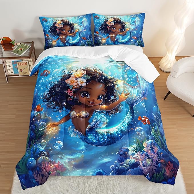 Black Little Mermaid Pattern King Comforter Set,Underwater World Ocean Themed Bedding Sets for Kids Toddlers Girls Boys Room Decor,Princess Bedding with 2 Pillowcases.