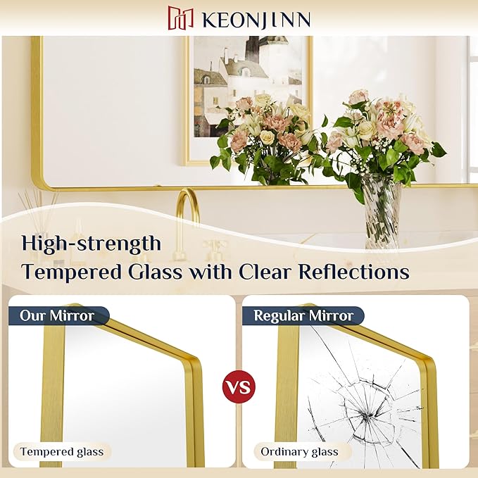 Keonjinn Gold Bathroom Mirrors for Over Sink, 28” x 36” Rounded Rectangle Brushed Gold Vanity Mirror, Anti-Rust Brass Mirror with HD Tempered Glass, Decorative Farmhouse Mirrors, Horizontal/Vertical