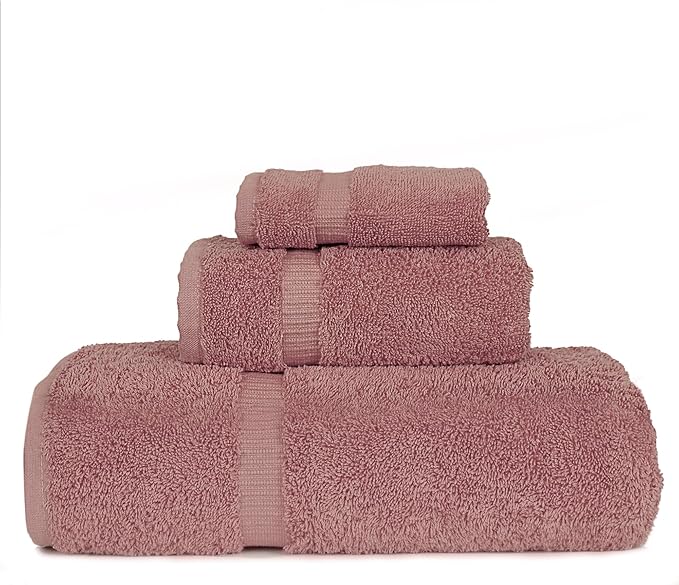 Luxury Hotel & Spa Quality Collection, Highly Absorbent & Quick Dry 100% Turkish Cotton, 750+ GSM, Eco Friendly Towel, Dobby Border Towels, 1 Bath Towel, 1 Hand Towel, 1 Washcloths (3 Piece, Pink)