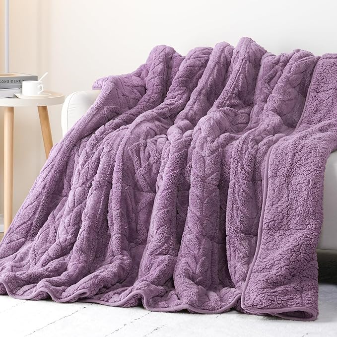 Cottonblue Jacquard Weighted Blanket 15lbs for Adults Twin Full Size, Soft Fuzzy Sherpa Fleece Weighted Throw Blankets 48x72 in for Relax and Sleep, Cozy Heavy Bed Blankets with Cemaric Beads, Purple
