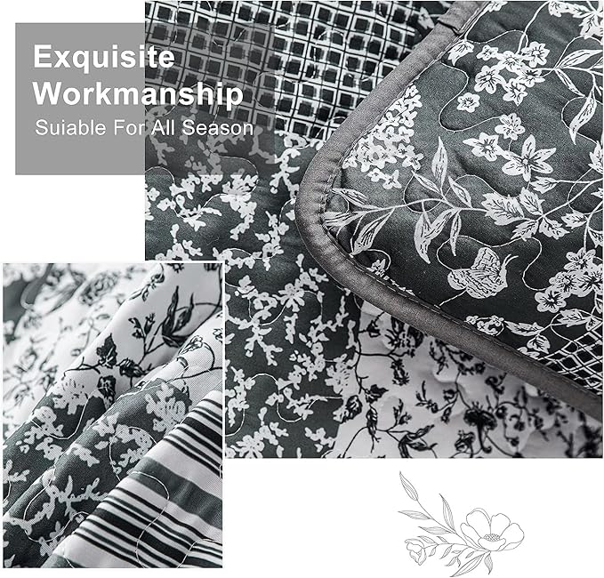 Mybedsoul Black Grey Boho Quilt Set California King Size,3 Pieces Plaid Floral Bedspread Coverlet Set for All Season,Patchwork Reversible Bedding Set 106"x 96"