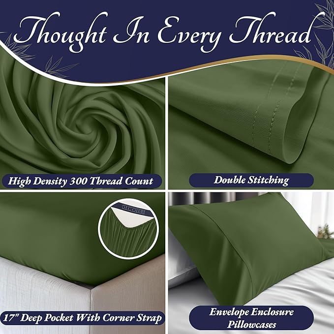 DECOLURE 100% Viscose Derived from Bamboo Sheets King Size 4pcs - Ultra Soft & Luxuriously Cooling, 17" Deep Pocket, Double Stitching, Perfect for Hot Sleepers - King Bed Sheets (Olive)