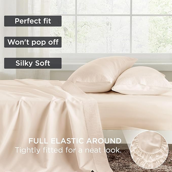Bedsure Queen Sheet Set - 4 Pieces Soft Queen Size Sheets - Breathable & Cooling - Hotel Luxury - Easy Care Polyester Microfiber Bedding for Women, Men, Light Beige