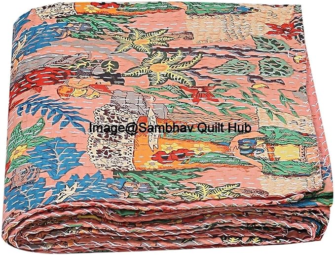 Floral Printed Cotton Quilted Blanket Indian Handmade Bedspread Kantha Work Bohemian Bed Decor Throw Blanket Twin/King/Queen (60X90 inches)