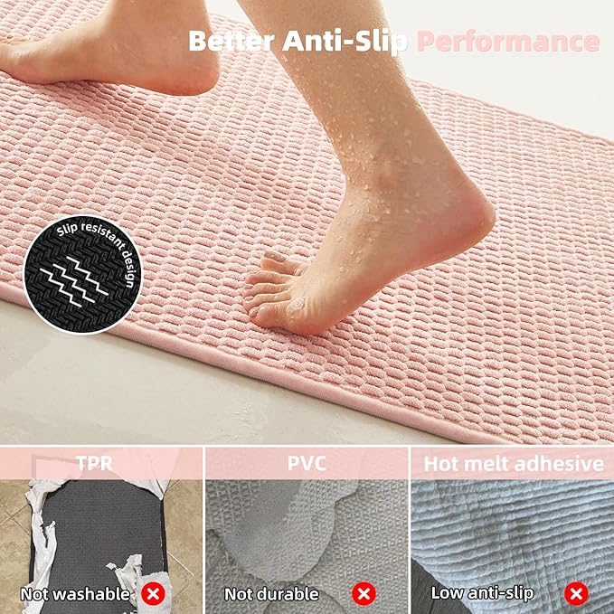 Bathroom Rugs Non Slip Washable, Super Absorbent Thin Bath Mat Quick Dry Low Pile Bathroom Rug, Pink 20"x48"