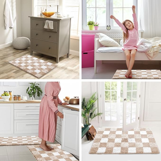 CozeCube Bath mats for Bathroom Non Slip, Fluffy Absorbent Microfiber Bath mat Washable, Aesthetic Bathroom Rugs, Small Beige Checkered Bath mat, Beige, 24" x 16"