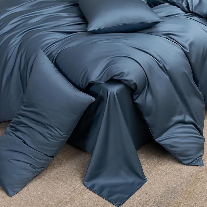 MooMee Duvet Cover Set 100% Extra Long Staple Cotton 600 Thread Count Silky Sateen Smooth Luxury Soft Breathable Durable Hotel Quality Bedding, 3 Pieces (Dark Blue, King 104"x90")