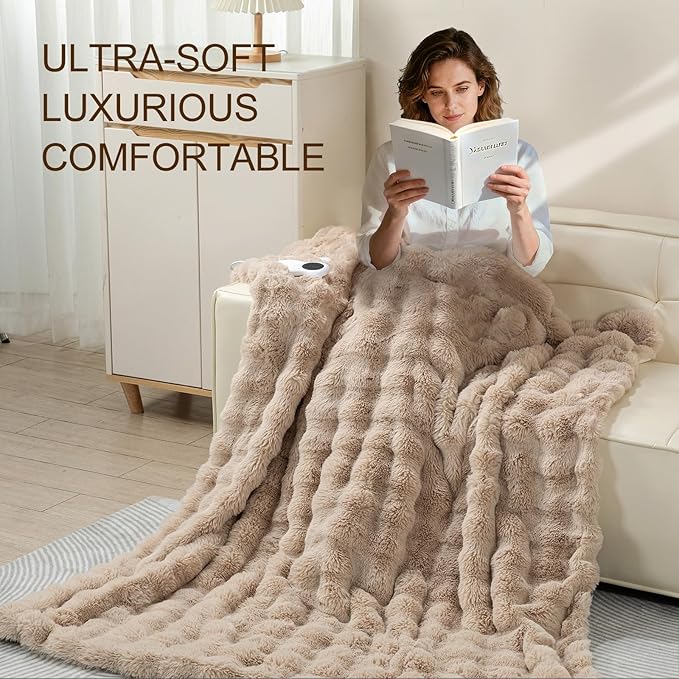 Faux Rabbit Fur Electric Blanket Throw 51"x63" – Heated Blanket with 5 Heat Levels 86°F–158°F, Digital Display & 2/4/8H Timer, Fast Heating, Machine Washable Bubble Plush Crystal Velvet Heating Throw