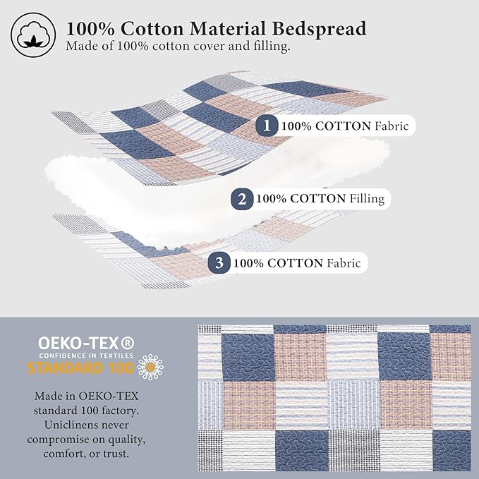 Uniclinens Plaid Quilt Set Queen Size, 100% Cotton Patchwork Plaid Quilt Bedding Set Bedspreads, Farmhouse Lightweight Comforter Quilted Quilt, 3 Pieces Set with 2 Pillowshams, Navy/Brown/White