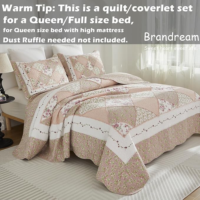 Brandream Queen Size Quilt Set Cotton Patchwork Quilts Blush Pink Country Floral Bedding Patchwork Quilted Comforter Set 3-Piece