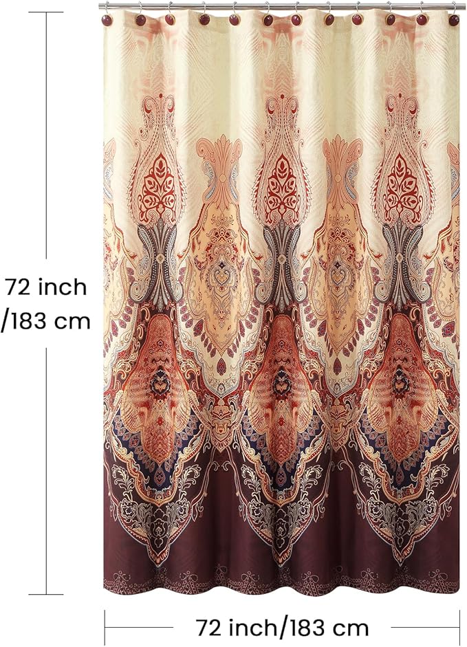 Shower Curtain 72x72 Inches, Water Repellent Fabric with Gold and Brown Baroque Pattern, 12 Metal Grommets and Weighted Hem
