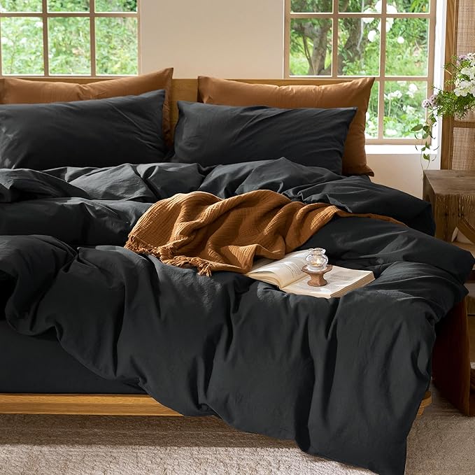 MooMee Bedding Duvet Cover Set 100% Washed Cotton Linen Like Textured Breathable Durable Soft Comfy (Solid Black, Full 80"x90")