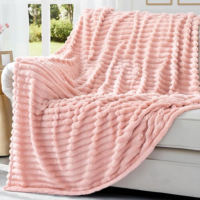 decorUhome Christmas Soft Fleece Pink Blanket King Size for Bed, Cozy Fluffy Plush Flannel Large Striped Throws for Couch Sofa, Lightweight Decorative Fuzzy Blanket for Woman, 108x90 Inches