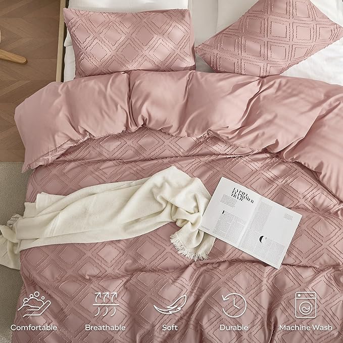 JELLYMONI Duvet Cover Queen Size Smokey Pink - 3PCS Boho Duvet Cover Set Plaid Polyester Tufted Bohemian Jacquard Knit Textured Comforter Cover 90×90in Rhombic Geometric Pattern Zipper Corner Tie