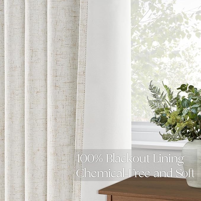 Topfinel Extra Long Total Blackout Linen Curtains 108 Inches Long for Living Room Large Window with Hooks Rings, Pinch Pleated Cold Blocking Acoustic Heavy Ivory Track Curtains 2 Panels 9 FT