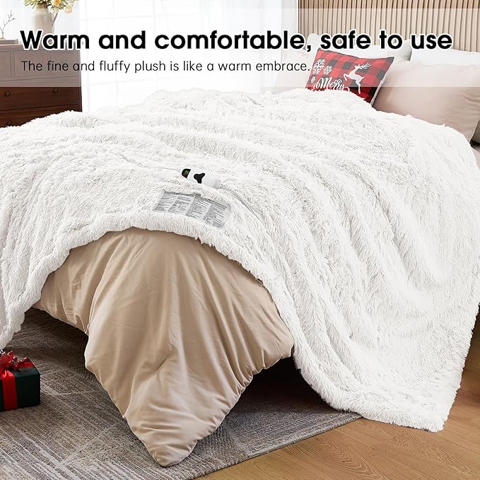 Heated Electric Blanket Queen–Faux Fur with Soft Thick Sherpa,Warm Winter Birthday Gifts for Women Grandma,Dual Control,10 Heat Settings,5 Time Settings, 84x90, Snow Cloud