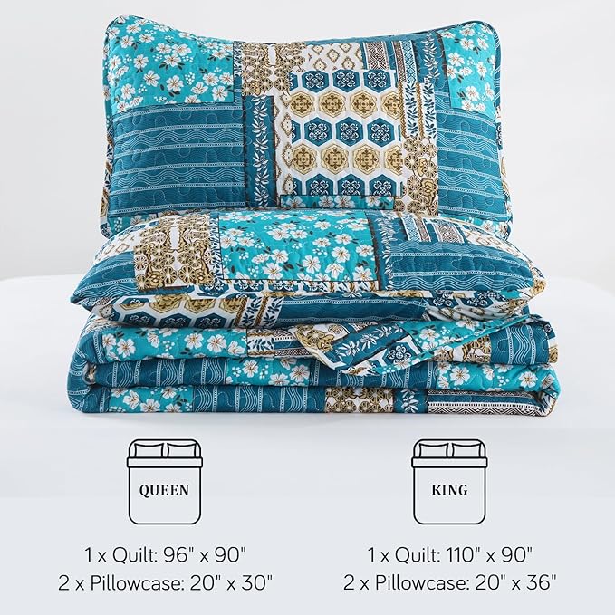 Mybedsoul Dusty Blue Quilt Set King Size, 3 Pieces Plaid Floral Bedspread Set Patchwork Reversible Bedding Set Microfiber Lightweight Bedspread Coverlet Set for All Season 110"x90"