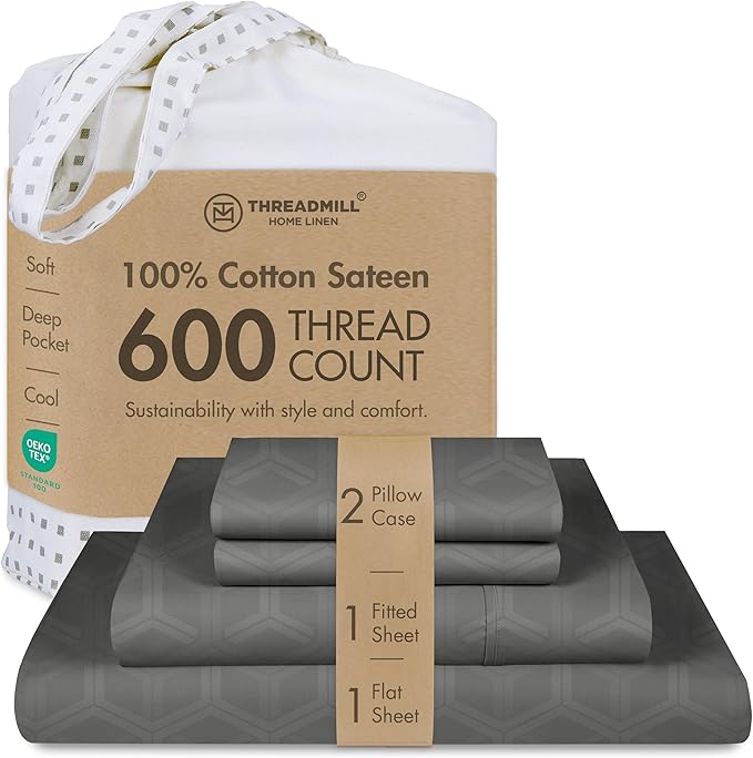 Threadmill 100% Cotton Sheets for King Size Bed - 600 Thread Count King Bed Sheets Set with 16” Deep Pocket - Jacquard Sateen Weave 4-Piece Bedding Set with Cooling Effect, Dark Grey