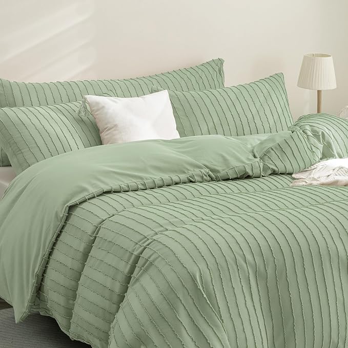 JELLYMONI Duvet Cover Full Size Light Green - 3PCS Boho Striped Duvet Cover Set Polyester Tufted Bohemian Textured Comforter Cover 80×90in with Corner Ties & Zipper and 2 Pillowcases