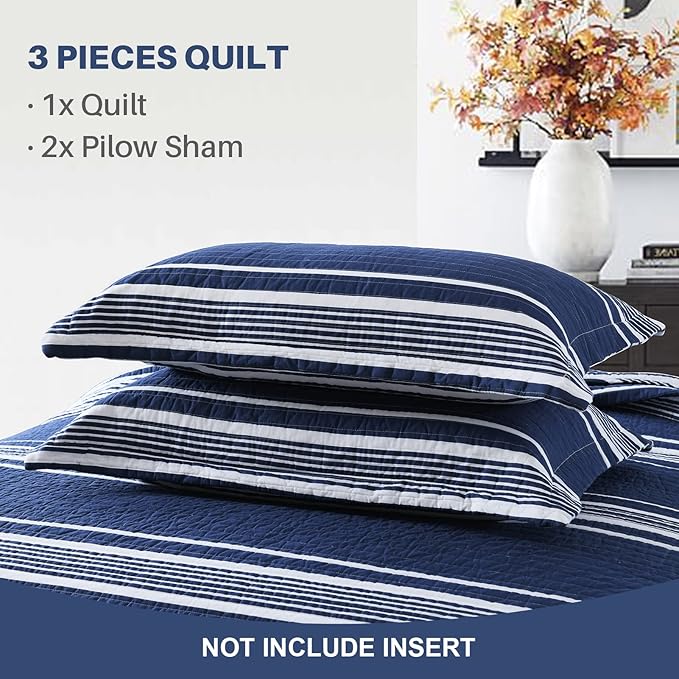 Y-PLWOMEN Queen Quilt Set - 100% Cotton Queen Quilt, Navy Blue Striped Quilt for Queen Bed, Lightweight Reversible Queen Size Bedspread for All Season, 3-Piece