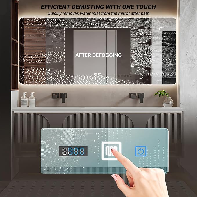 Double Bathroom Vanity with Sink, 64IN Floating Bathroom Vanity Set with LED Smart Defogging Mirror Cabinet and Open Shelf, Oak Wood Bathroom Cabinet with Two Drawers and Bottom Open Storage (Grey)