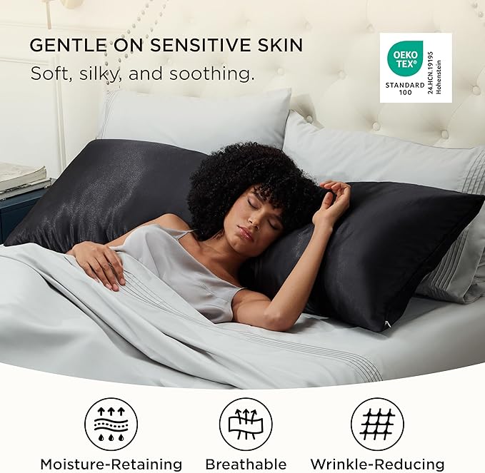 Bedsure Satin Body Pillow Pillowcase, Similar to Silk Body Pillow Cover with Zipper, Soft & Breathable Long Pillow Case, Cooling & Silky Long Pillowcase for Hair and Skin, Gifts, Black, 20x54 Inches