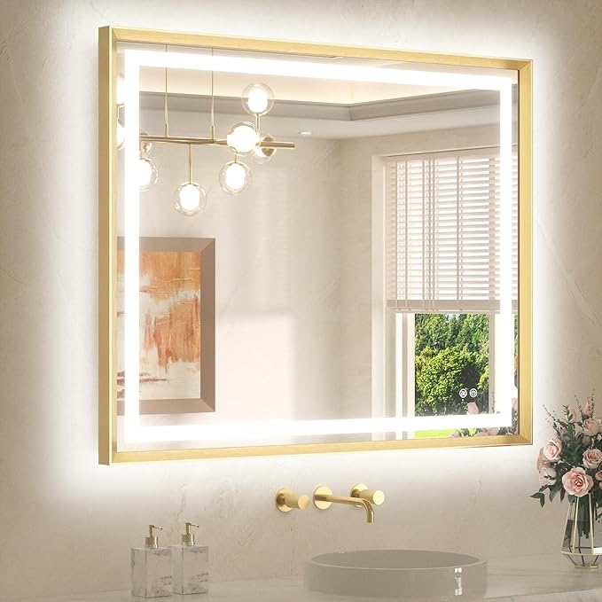 TETOTE 42 x 36 Led Mirror Brushed Gold Metal Frame Frontlit & Backlit Vanity Mirror Anti-Fog Stepless Dimmable 3 Colors White/Warm/Natural Wall Mirror with Lights Wall-Mounted