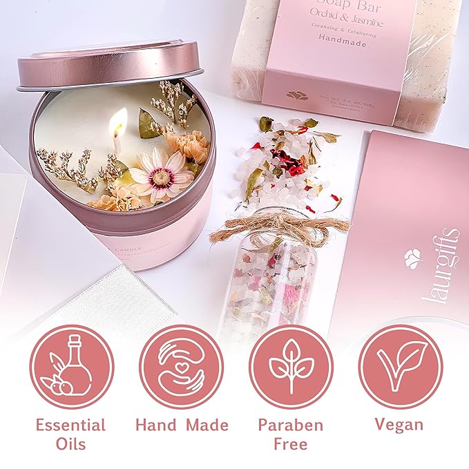 Birthday Gifts for Women – Luxury Bath Sets & Self Care Box – Christmas Gifts for Women – Small Orchid & Jasmine Spa Basket for Mom, Sister, or Friend