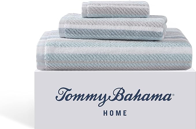 Tommy Bahama - Bath Towels, 100% Soft & Absorbent Yarn-Dyed Cotton with Twill Texture, Low Linting & Fade Resistant, Medium Weight Bathroom Towels (Ocean Bay Tranquil Blue, 3 Piece)