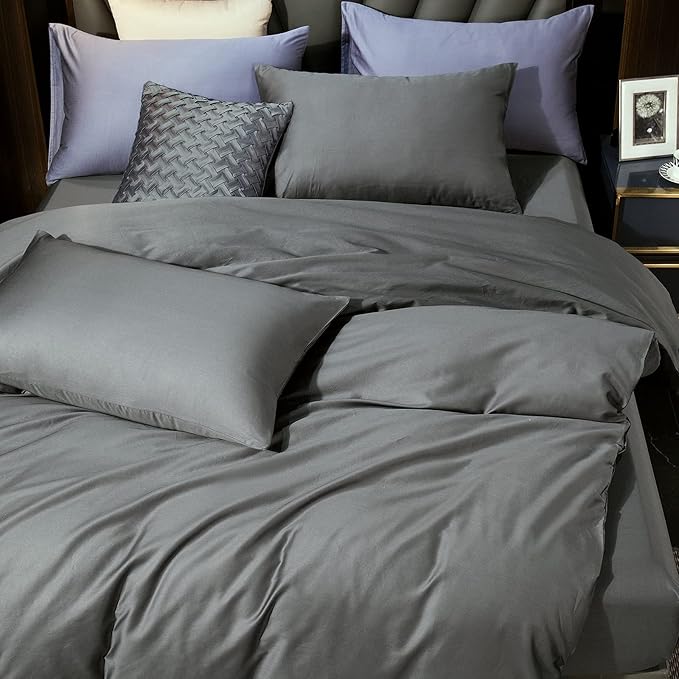 MooMee Duvet Cover Set 100% Extra Long Staple Cotton 600 Thread Count Silky Sateen Smooth Luxury Soft Breathable Durable Hotel Quality Bedding, 3 Pieces (Dark Gray, Queen 90"x90")