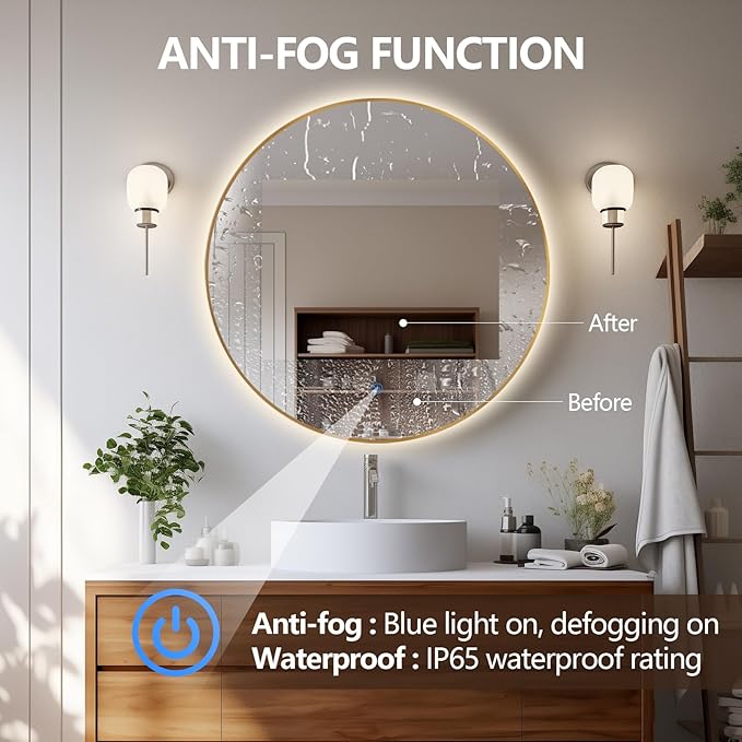 Niccy 32" LED Backlit Round Mirror for Bathroom, Gold Framed Vanity Light Wall Mirror LED Smart Circle Mirrors with 3 Lighting Colors, Dimmable Lighted Mirror with Anti-Fog, IP65 Waterproof
