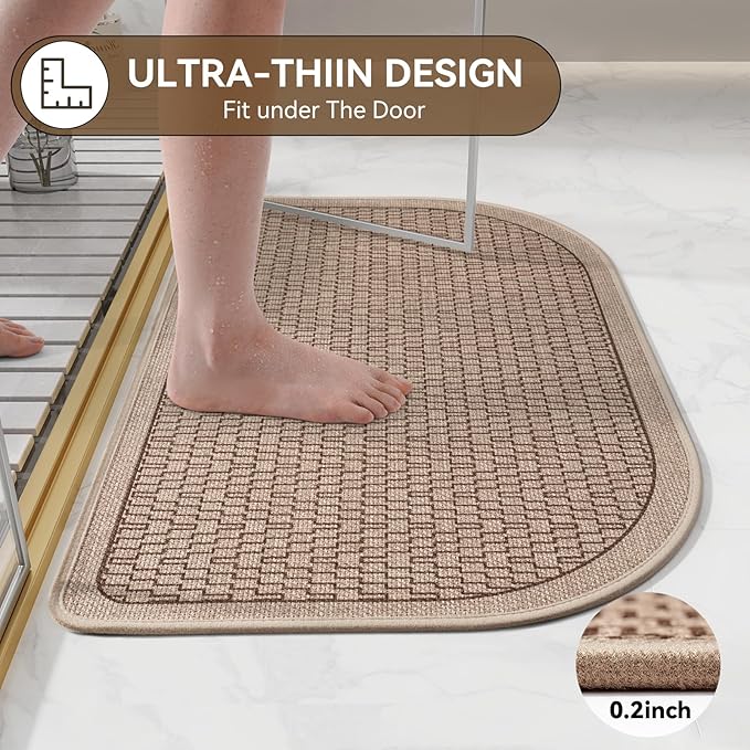 Bathroom Rugs Mat 20x31, Non Slip Ultra Thin Bath Mat Quick Dry Absorbent Washable Woven Half Round Bath Mats for Bathroom Floor Rubber Backed Fit Under Door Brown