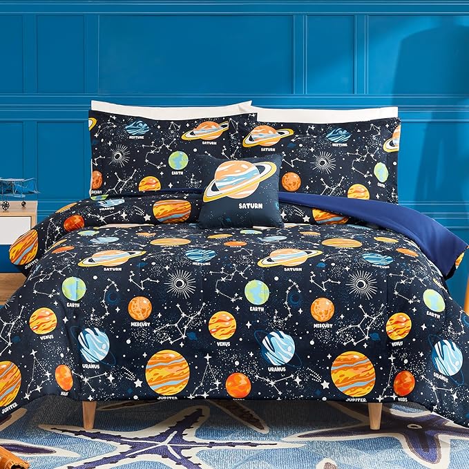 Full Size Comforter Set for Boys-4 Pieces Space Glow in The Dark Full Bedding Sets for Kids, 1 Comforter, 2 Shams and 1 Decor Pillow