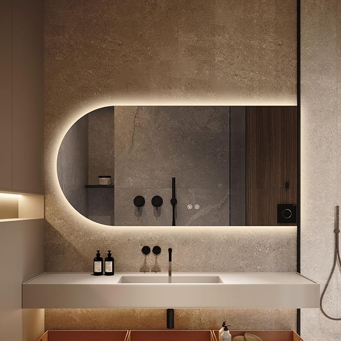Arched LED Bathroom Mirror, 48"x24" Arch Framless Backlit Mirror with Lights Anti-Fog Dimmable Smart Frameless 3-Color Lighted Vanity Mirror Memory Waterproof, UL Listed, Horizontal-Right