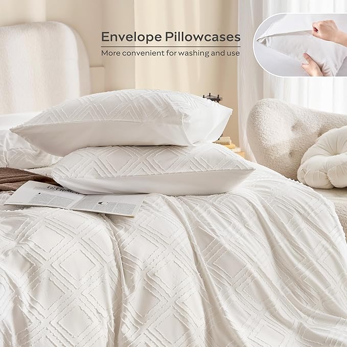 JELLYMONI Duvet Cover Queen Size White - 3PCS Boho Duvet Cover Set Plaid Polyester Tufted Bohemian Jacquard Knit Textured Comforter Cover 90×90in Rhombic Geometric Pattern Zipper Corner Tie