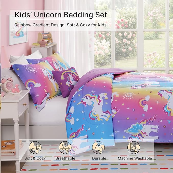 Twin Comforter Set for Girls -3 Pieces Rainbow Unicorn Twin/Twin XL Bedding Set with 1 Comforter, 1 Decor Pillow, 1 Pillow Sham