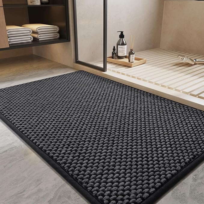 PADOOR-Bath Mat-Super Absorbent Chenille Bathroom Mats-Rubber Backed Bath Mats for Bathroom Non Slip, Easy Clean Bathroom Rugs Front of Bathtub,Shower Room,Sink-17×35, Darkgrey&Black