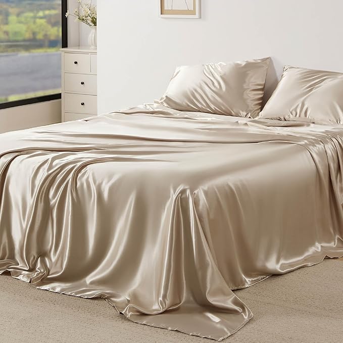 Bedsure Satin Sheets Queen Size - 4 Piece Silky Bedsheets with 15 Inches Deep Pocket Fitted Bedsheet,1 Flat Sheet, 2 Satin Pillowcases, Good for Hair & Skin (Queen, Khaki)