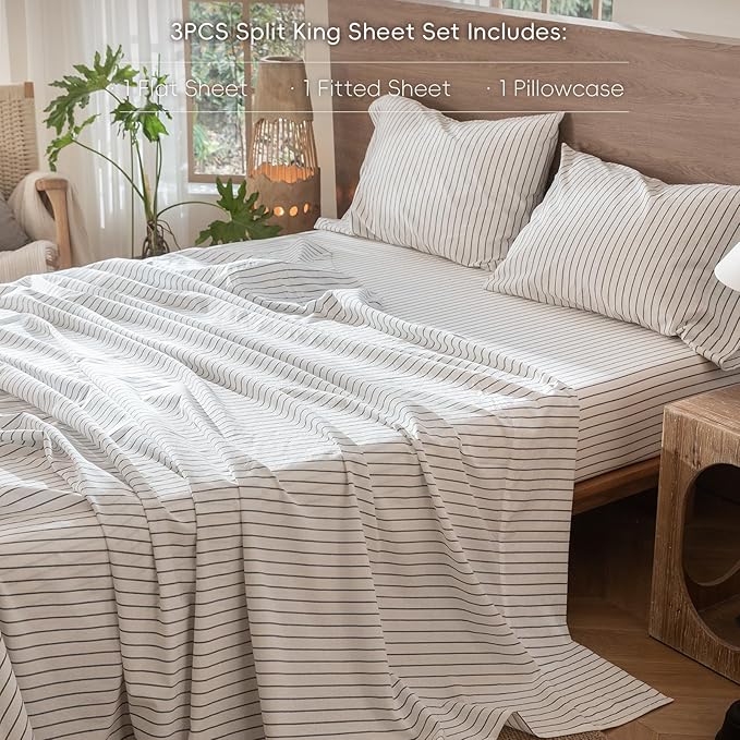 MooMee Striped Sheet Set 100% Washed Cotton Linen Like Textured Breathable Durable Soft Comfy (White Dark Grey Wide Stripes, Twin)