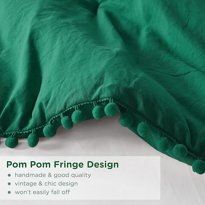 Codi Emerald Green King Comforter Set - Boho Chic Bedding with Elegant Pom Fringe, Soft Washed Microfiber 3pc Luxury Set, Lightweight & Breathable for Master Bedroom, 1 Comforter & 2 Pillow Shams